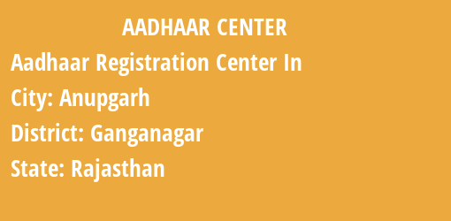 Aadhaar Registration Centres in Anupgarh, Ganganagar, Rajasthan State