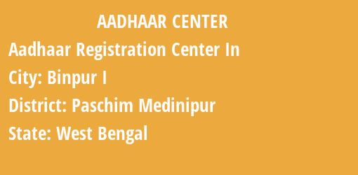 Aadhaar Registration Centres in Binpur I, Paschim Medinipur, West Bengal State