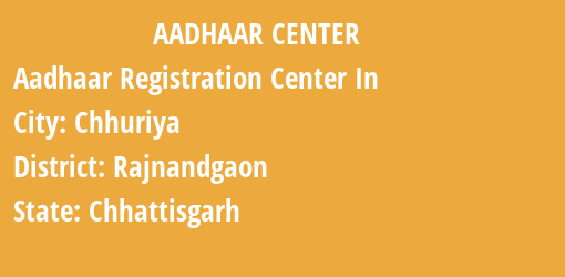 Aadhaar Registration Centres in Chhuriya, Rajnandgaon, Chhattisgarh State