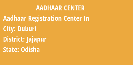 Aadhaar Registration Centres in Duburi, Jajapur, Odisha State