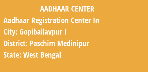 Aadhaar Registration Centres in Gopiballavpur I, Paschim Medinipur, West Bengal State