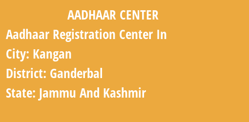 Aadhaar Registration Centres in Kangan, Ganderbal, Jammu And Kashmir State