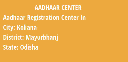 Aadhaar Registration Centres in Koliana, Mayurbhanj, Odisha State