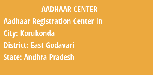 Aadhaar Registration Centres in Korukonda, East Godavari, Andhra Pradesh State