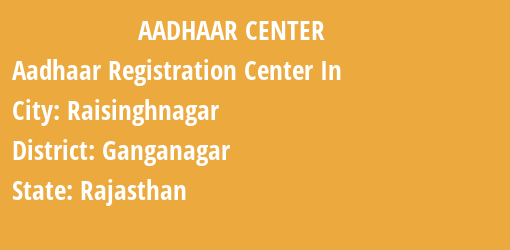 Aadhaar Registration Centres in Raisinghnagar, Ganganagar, Rajasthan State