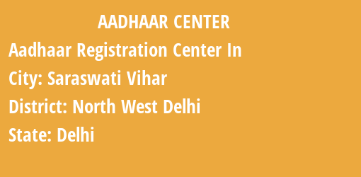 Aadhaar Registration Centres in Saraswati Vihar, North West Delhi, Delhi State