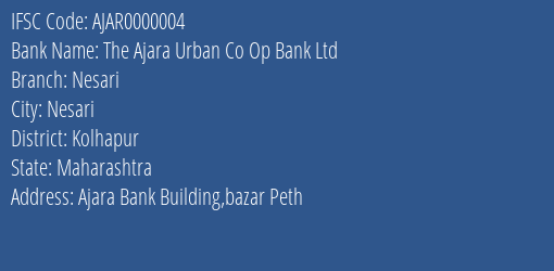 The Ajara Urban Co Op Bank Ltd Nesari Branch, Branch Code 000004 & IFSC Code Ajar0000004