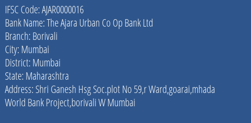 The Ajara Urban Co Op Bank Ltd Borivali Branch, Branch Code 000016 & IFSC Code Ajar0000016