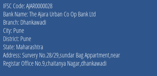 The Ajara Urban Co Op Bank Ltd Dhankawadi Branch, Branch Code 000028 & IFSC Code Ajar0000028