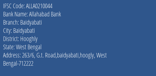 Allahabad Bank Baidyabati Branch Hooghly IFSC Code ALLA0210044