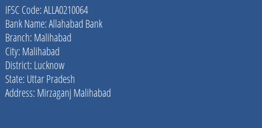 Allahabad Bank Malihabad Branch Lucknow IFSC Code ALLA0210064