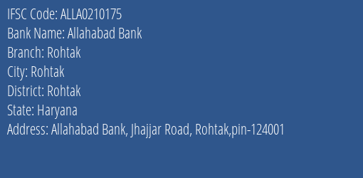 Allahabad Bank Rohtak Branch, Branch Code 210175 & IFSC Code ALLA0210175