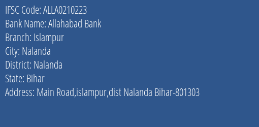 Allahabad Bank Islampur Branch Nalanda IFSC Code ALLA0210223