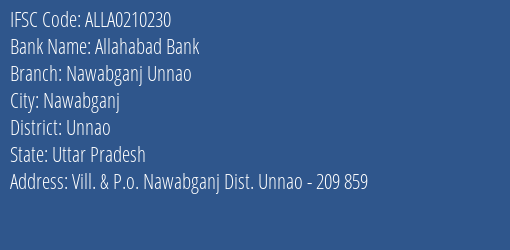 Allahabad Bank Nawabganj Unnao Branch Unnao IFSC Code ALLA0210230