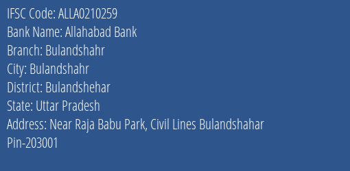 Allahabad Bank Bulandshahr Branch Bulandshehar IFSC Code ALLA0210259