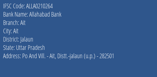 Allahabad Bank Ait Branch Jalaun IFSC Code ALLA0210264