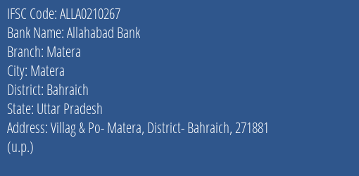 Allahabad Bank Matera Branch, Branch Code 210267 & IFSC Code Alla0210267