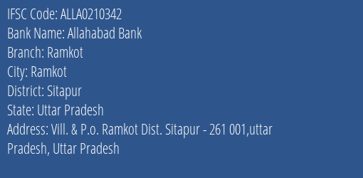 Allahabad Bank Ramkot Branch Sitapur IFSC Code ALLA0210342