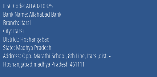 Allahabad Bank Itarsi Branch Hoshangabad IFSC Code ALLA0210375