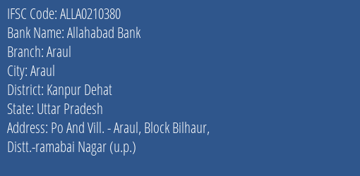 Allahabad Bank Araul Branch Kanpur Dehat IFSC Code ALLA0210380