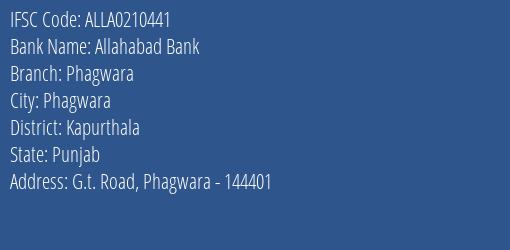 Allahabad Bank Phagwara Branch Kapurthala IFSC Code ALLA0210441