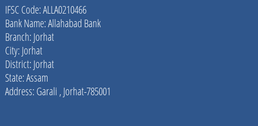 Allahabad Bank Jorhat Branch Jorhat IFSC Code ALLA0210466