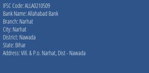 Allahabad Bank Narhat Branch Nawada IFSC Code ALLA0210509