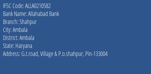 Allahabad Bank Shahpur Branch Ambala IFSC Code ALLA0210582