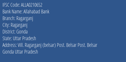 Allahabad Bank Ragarganj Branch Gonda IFSC Code ALLA0210652