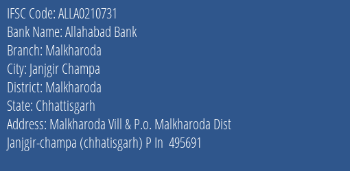 Allahabad Bank Malkharoda Branch Malkharoda IFSC Code ALLA0210731