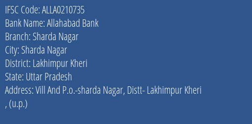 Allahabad Bank Sharda Nagar Branch Lakhimpur Kheri IFSC Code ALLA0210735