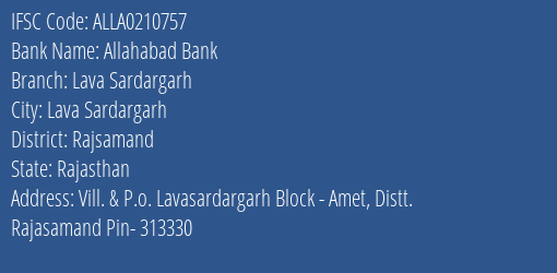 Allahabad Bank Lava Sardargarh Branch Rajsamand IFSC Code ALLA0210757