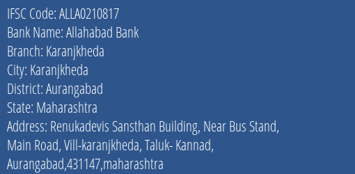Allahabad Bank Karanjkheda Branch Aurangabad IFSC Code ALLA0210817