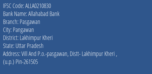 Allahabad Bank Pasgawan Branch Lakhimpur Kheri IFSC Code ALLA0210830