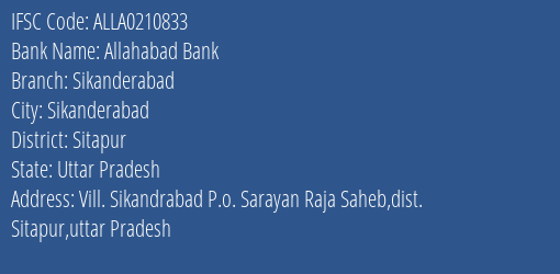 Allahabad Bank Sikanderabad Branch Sitapur IFSC Code ALLA0210833