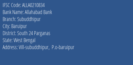 Allahabad Bank Subuddhipur Branch South 24 Parganas IFSC Code ALLA0210834