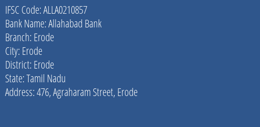 Allahabad Bank Erode Branch Erode IFSC Code ALLA0210857