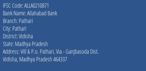 Allahabad Bank Pathari Branch Vidisha IFSC Code ALLA0210871