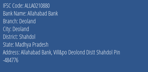 Allahabad Bank Deoland Branch Shahdol IFSC Code ALLA0210880