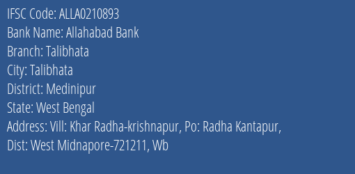 Allahabad Bank Talibhata Branch Medinipur IFSC Code ALLA0210893
