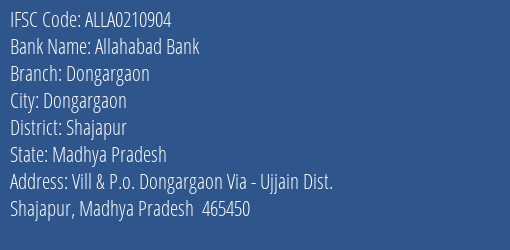 Allahabad Bank Dongargaon Branch Shajapur IFSC Code ALLA0210904