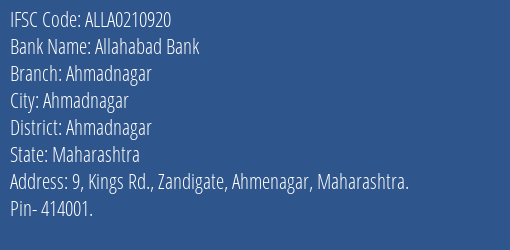 Allahabad Bank Ahmadnagar Branch Ahmadnagar IFSC Code ALLA0210920