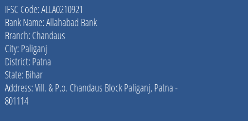 Allahabad Bank Chandaus Branch Patna IFSC Code ALLA0210921