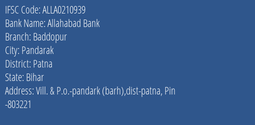 Allahabad Bank Baddopur Branch Patna IFSC Code ALLA0210939