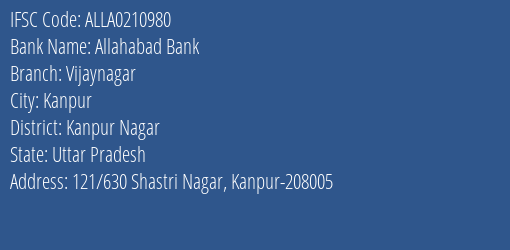 Allahabad Bank Vijaynagar Branch Kanpur Nagar IFSC Code ALLA0210980