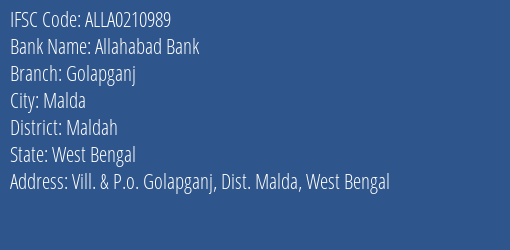 Allahabad Bank Golapganj Branch Maldah IFSC Code ALLA0210989
