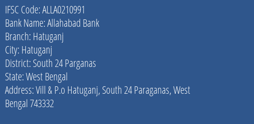 Allahabad Bank Hatuganj Branch South 24 Parganas IFSC Code ALLA0210991