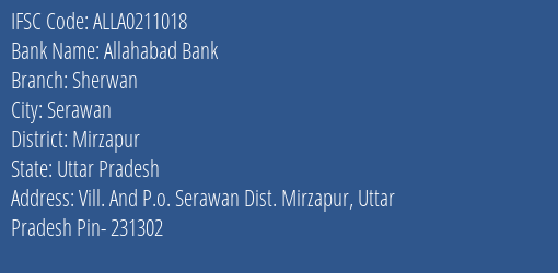 Allahabad Bank Sherwan Branch Mirzapur IFSC Code ALLA0211018
