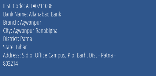 Allahabad Bank Agwanpur Branch Patna IFSC Code ALLA0211036