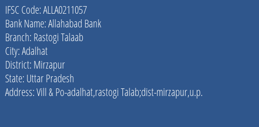 Allahabad Bank Rastogi Talaab Branch Mirzapur IFSC Code ALLA0211057